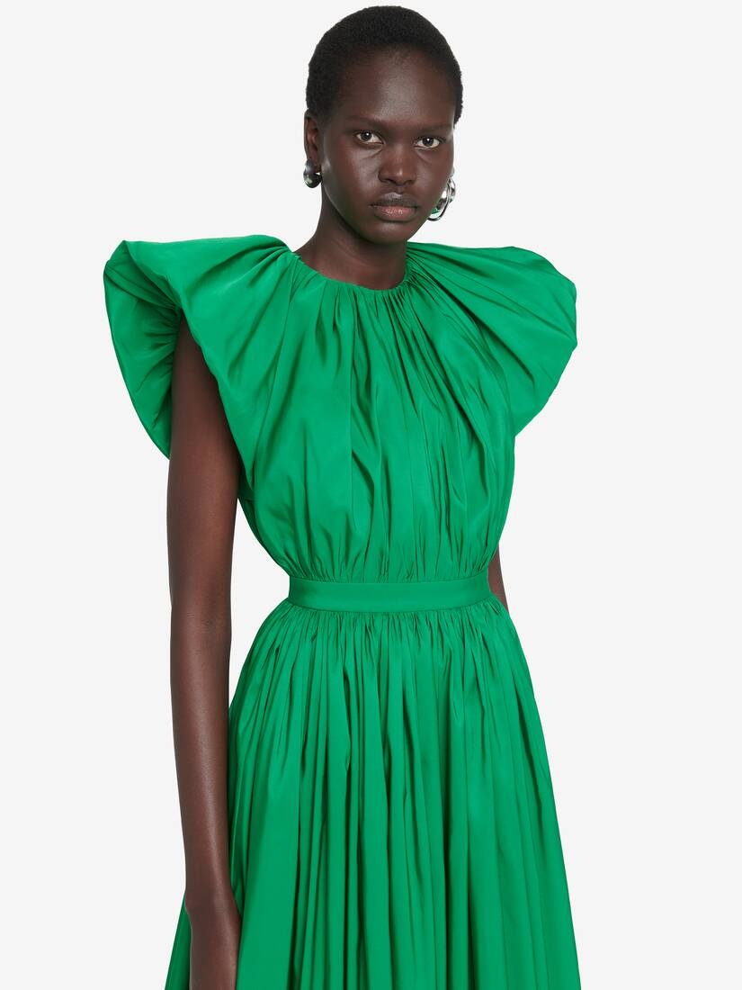 Women's Pleated Open Back Dress in Bright Green - 5