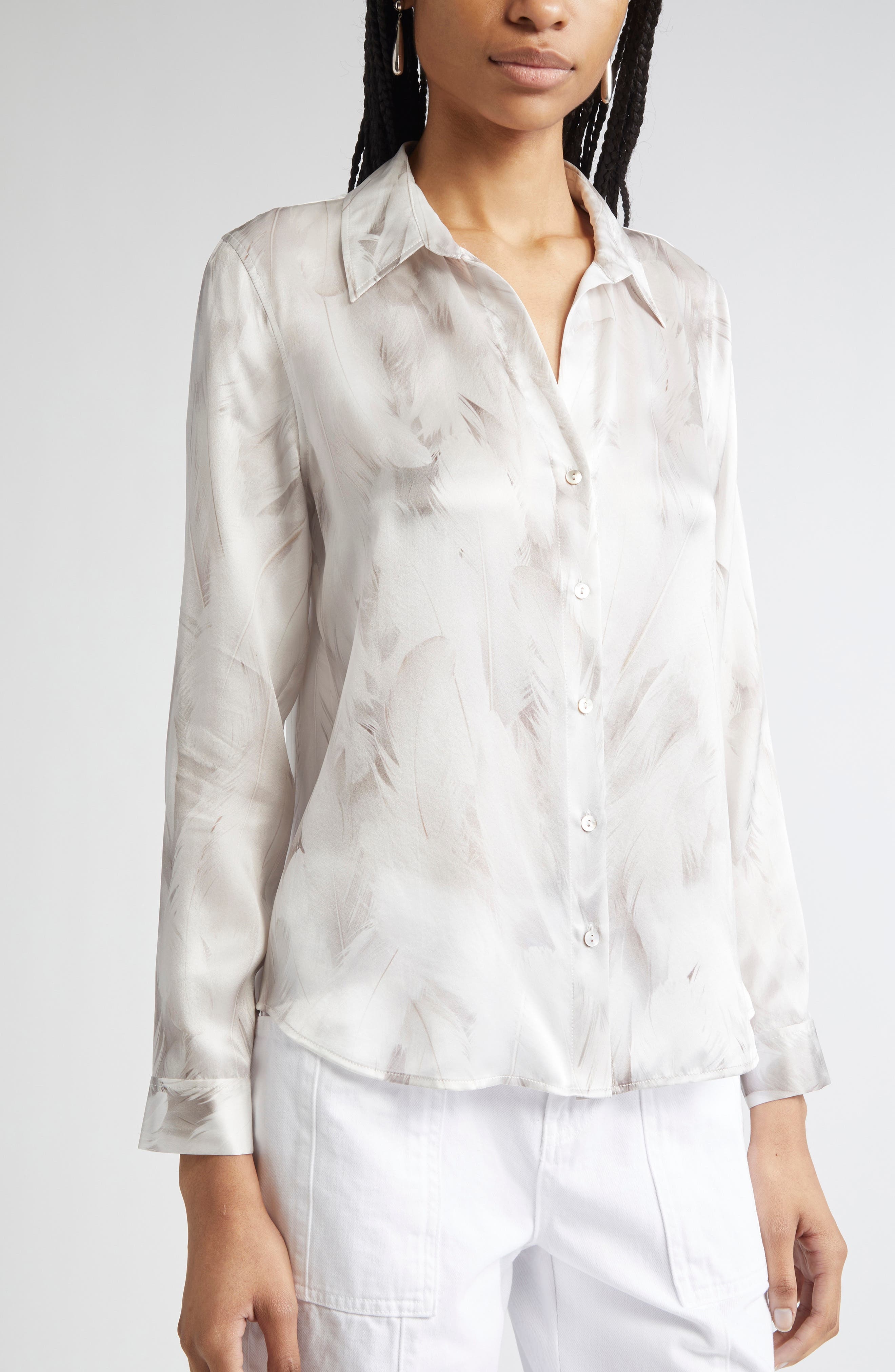 L'AGENCE Tyler Feather Print Silk Button-Up Shirt in White Feather Print at Nordstrom - 5