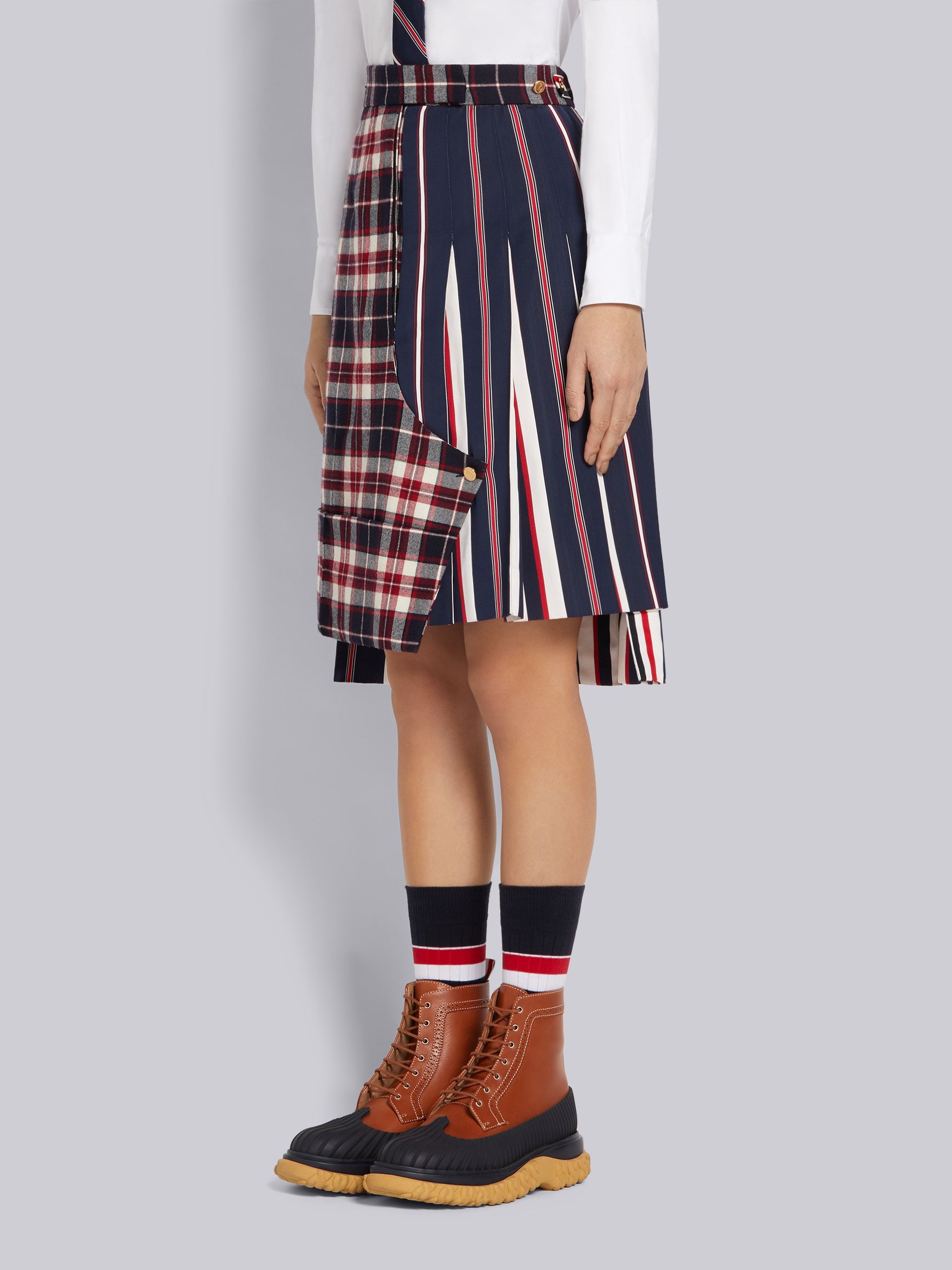 Multicolor Stripe Silk and Cotton Tie Jacquard Pleated Mini Sack Skirt - 2