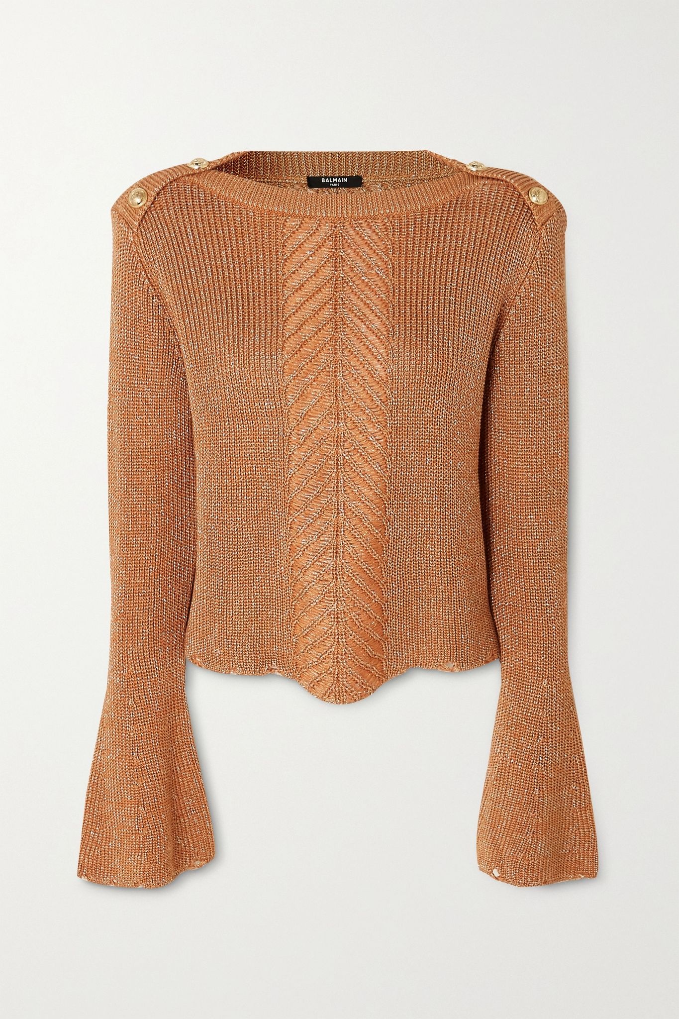 Button-embellished metallic cable-knit sweater - 1