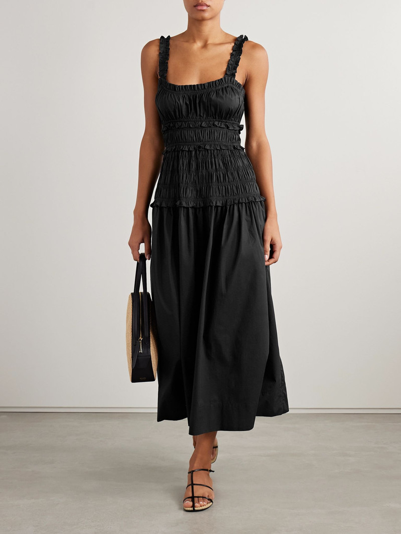 DÔEN Marianne shirred organic cotton-poplin midi dress Black outlook