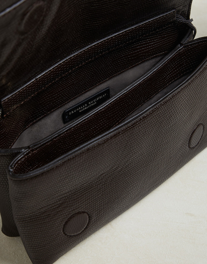 Lizard print leather city bag with precious chain 5