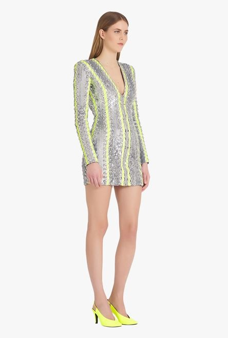 Short silver and lime-green embroidered dress - 7