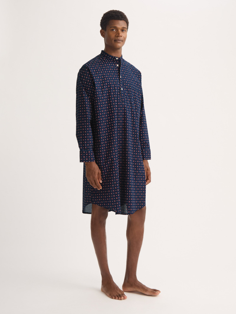 Men's Nightshirt Cotton Batiste Navy Blue Rose Motif 1