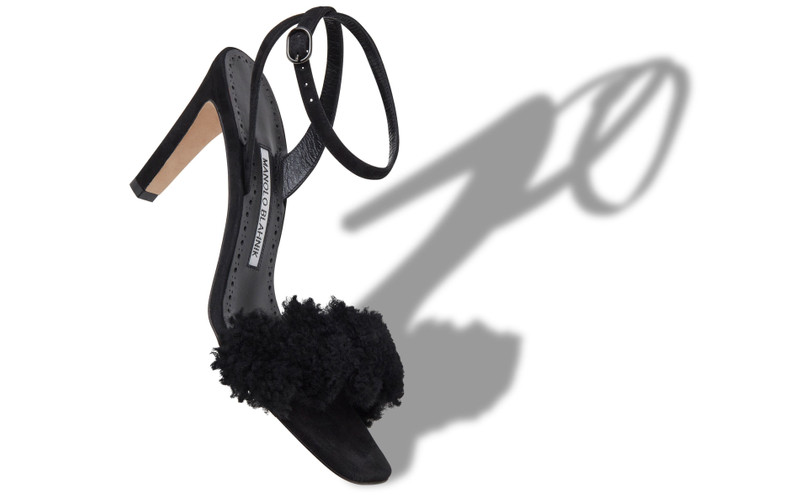 Manolo Blahnik Black Suede Shearling Trim Sandals outlook