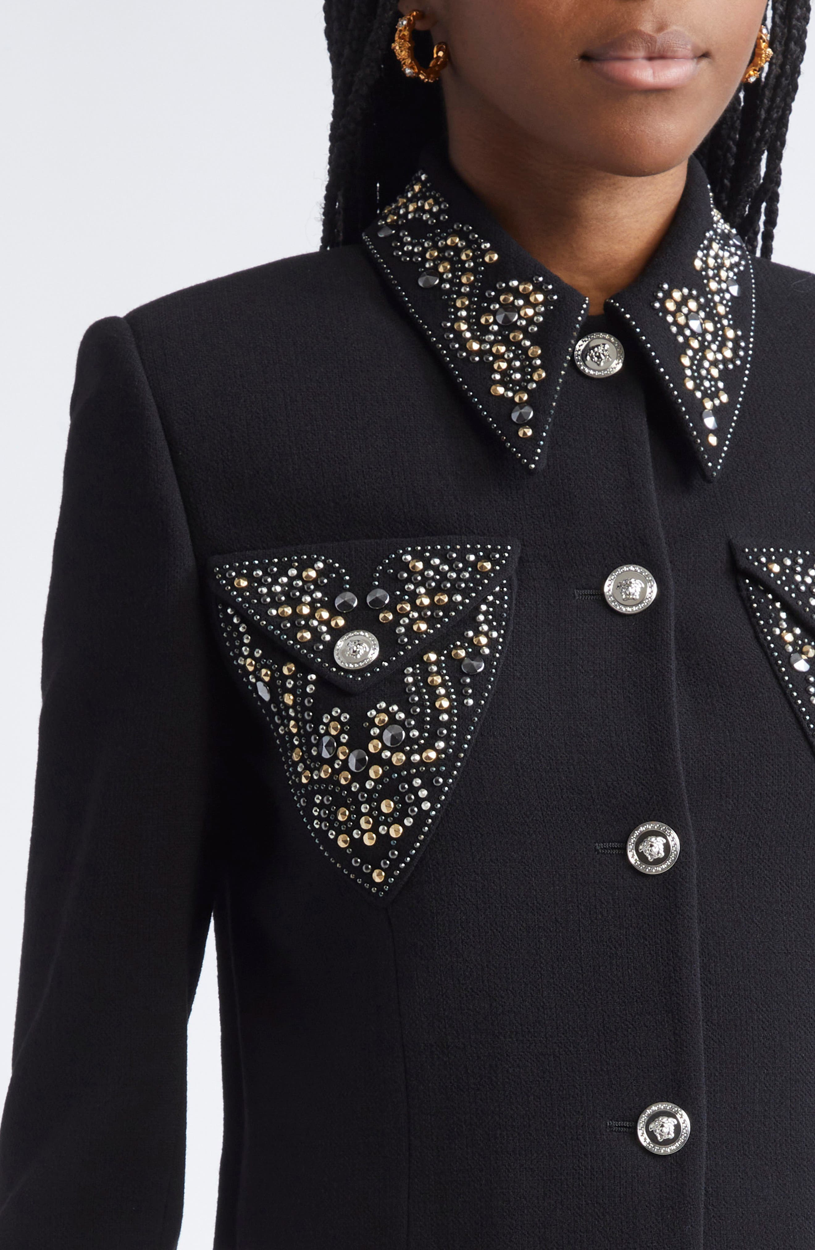 Versace Embellished Wool Blend Crepe Crop Jacket in Black at Nordstrom - 5