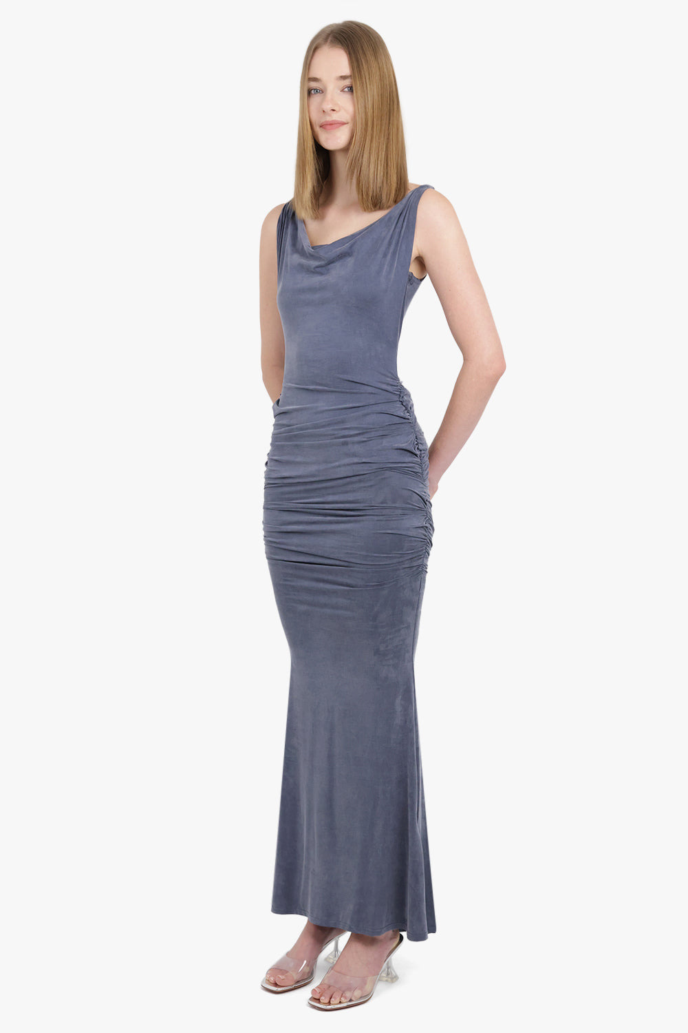LIZ RUCHED S/LESS ASYMMETRIC MIDI DRESS | WASHED NAVY - 3