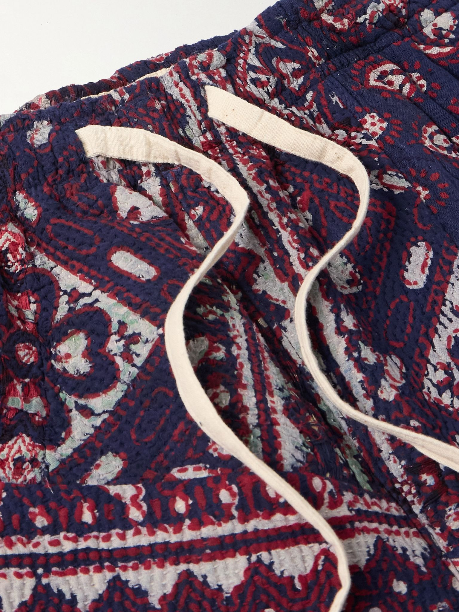 Straight-Leg Patchwork Printed Kantha Cotton Drawstring Shorts Blue - 5