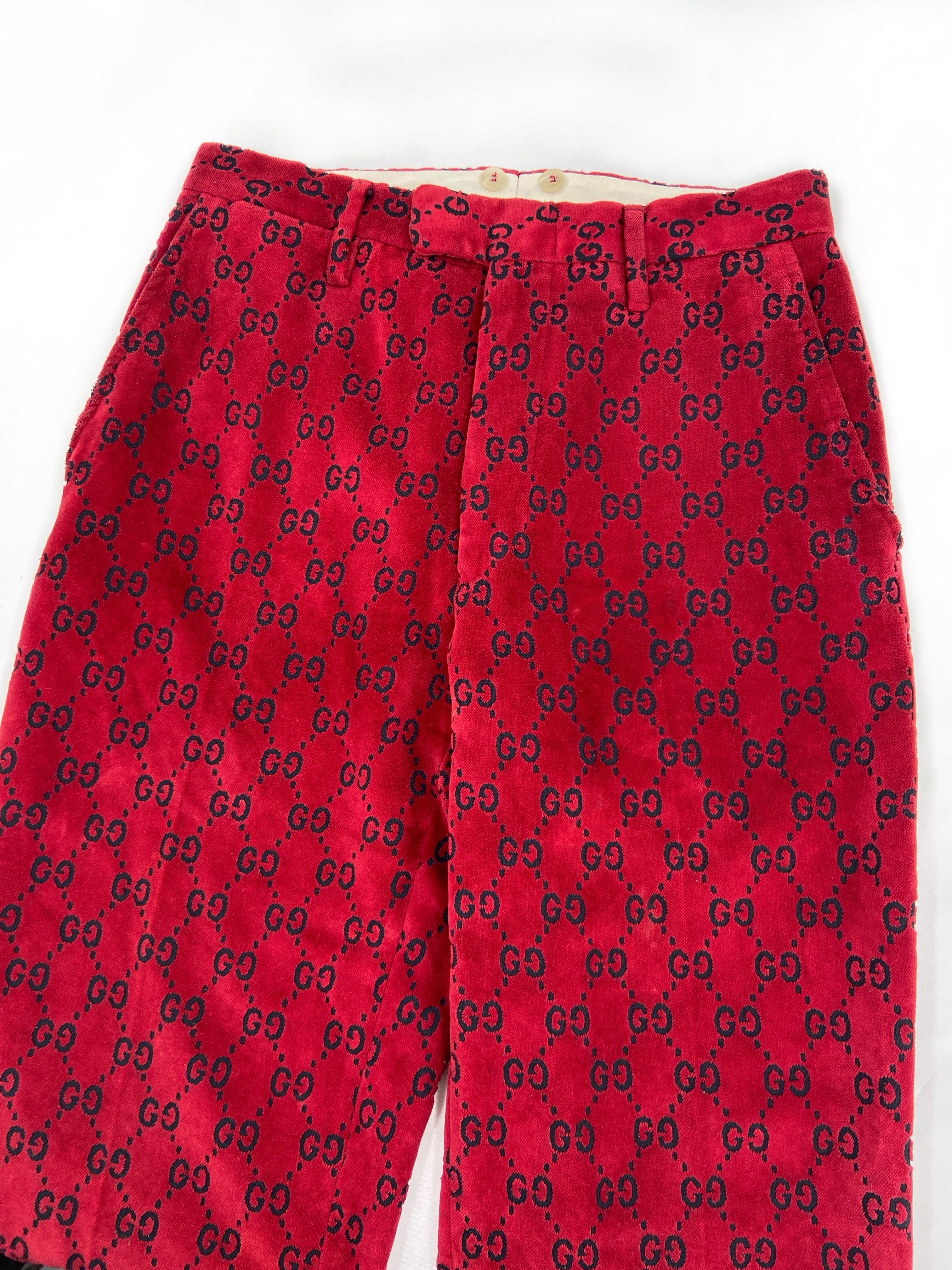 Gucci Fall 1997 Tom Ford Men’s Red Monogram Velvet Trousers Pants 48 - 7