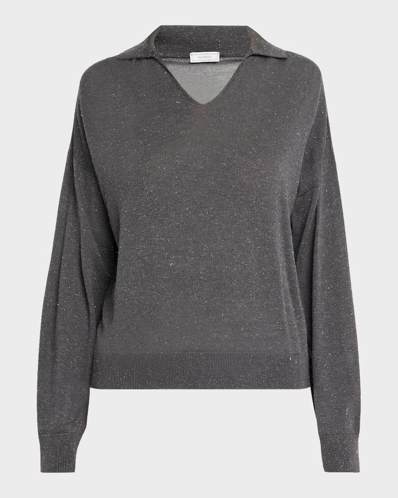 Spread-Collar Shimmer Knit Sweater 1