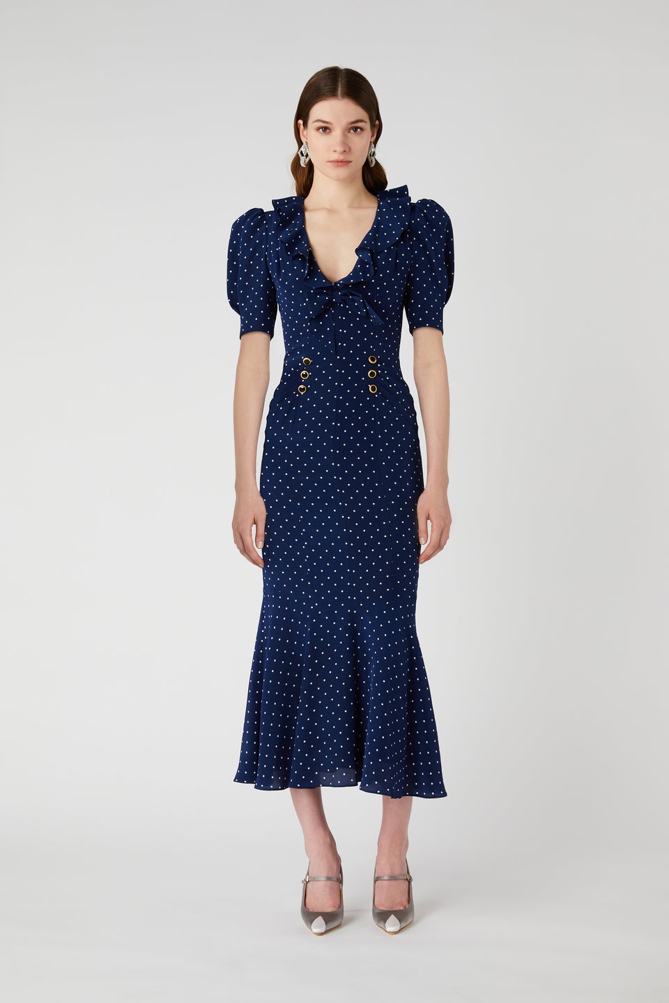 POLKA DOT PRINT SILK DRESS WITH RUFFLE AND BOW - 4