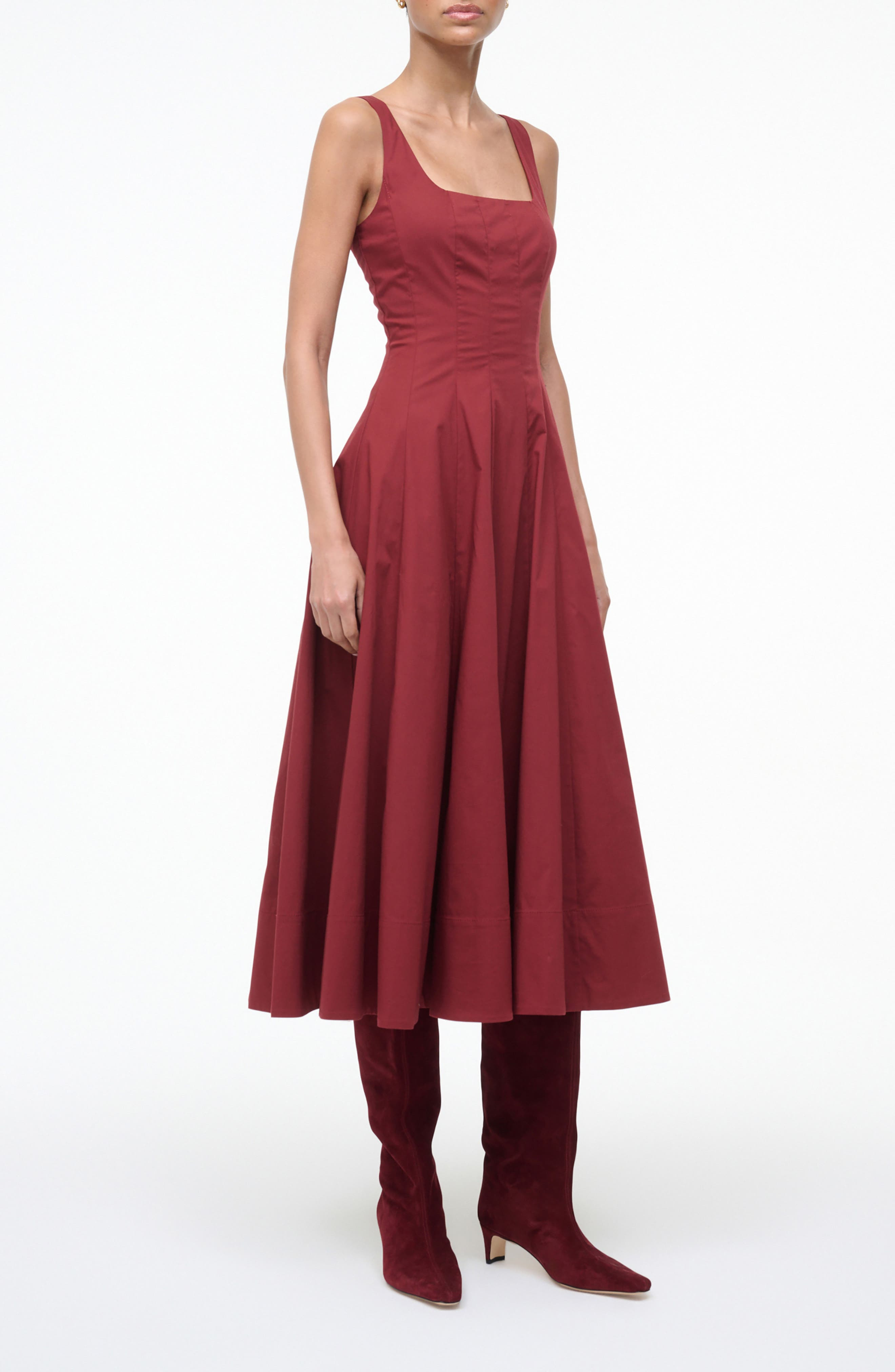 STAUD Wells Stretch Cotton Fit & Flare Midi Dress in Sangria at Nordstrom - 3