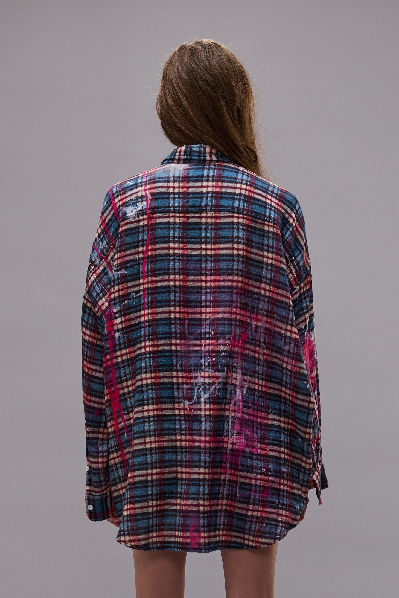 DROP NECK WORKSHIRT - BLUE PLAID WITH PAINT DRIPS -R13 - 7