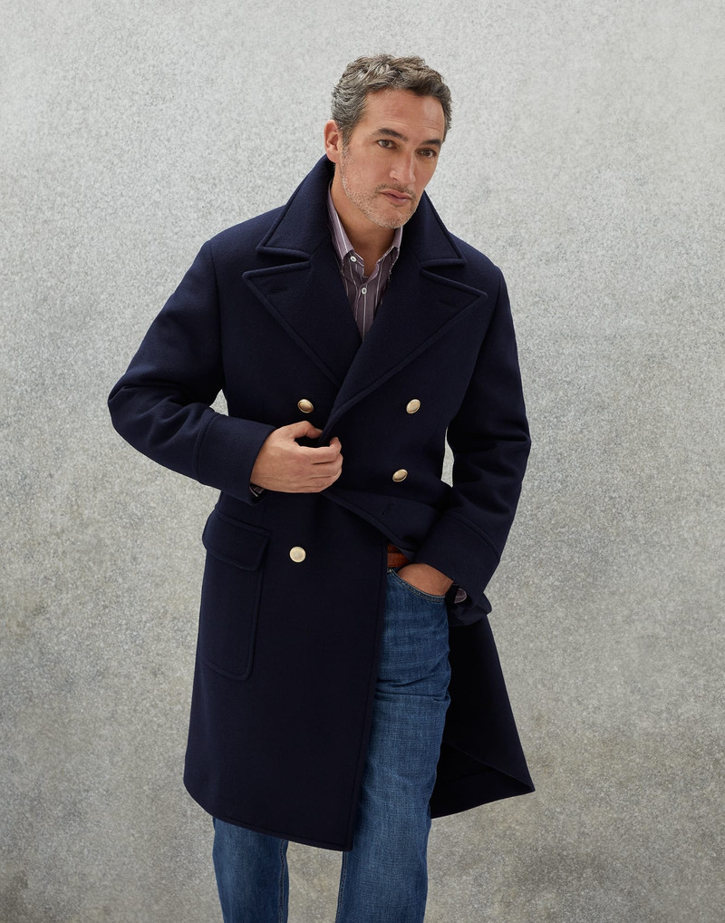 Virgin wool and cashmere double cloth one-and-a-half breasted coat with metal buttons 1