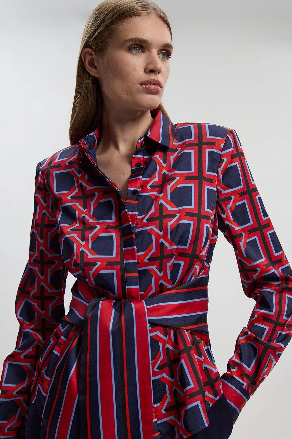 Geo Print Hammered Satin Tie Waist Woven Shirt - 1