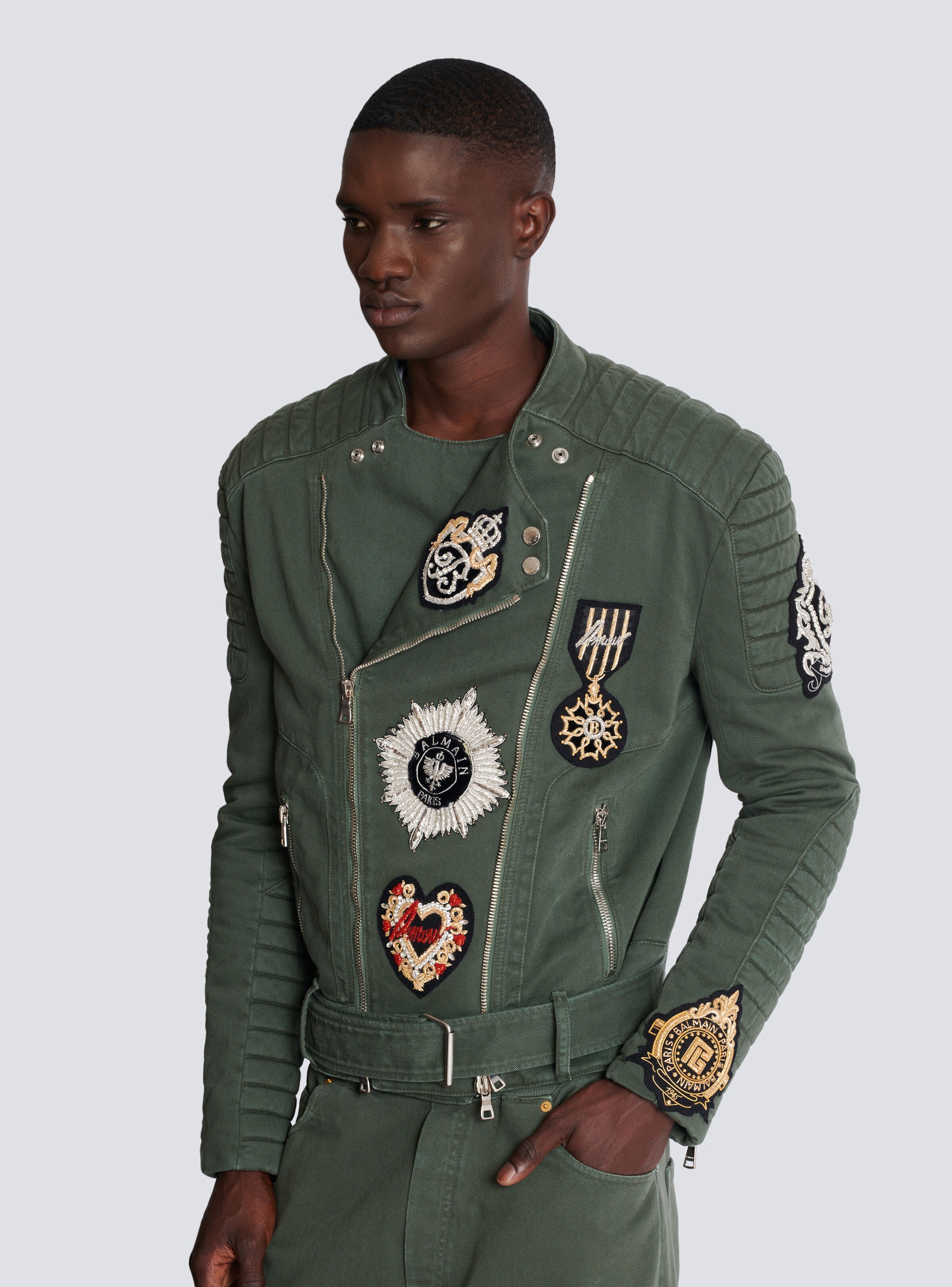Denim biker jacket with embroidered patches - 6