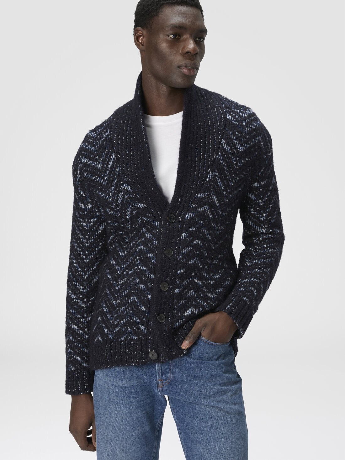 Buttoned Cardigan with Chevron Pattern - 4