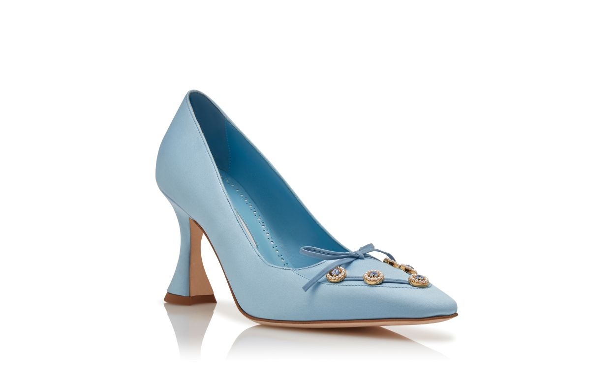 Light Blue Satin Embellished Pumps - 3