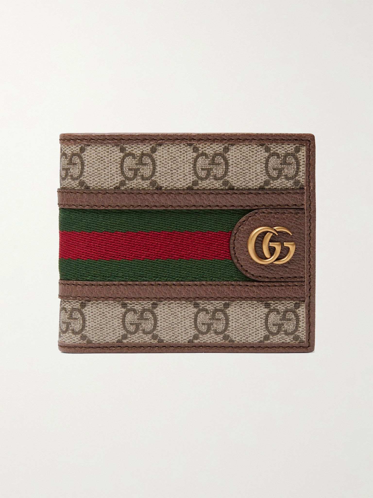 Ophidia Webbing-Trimmed Monogrammed Coated-Canvas and Leather Billfold Wallet Brown - 1