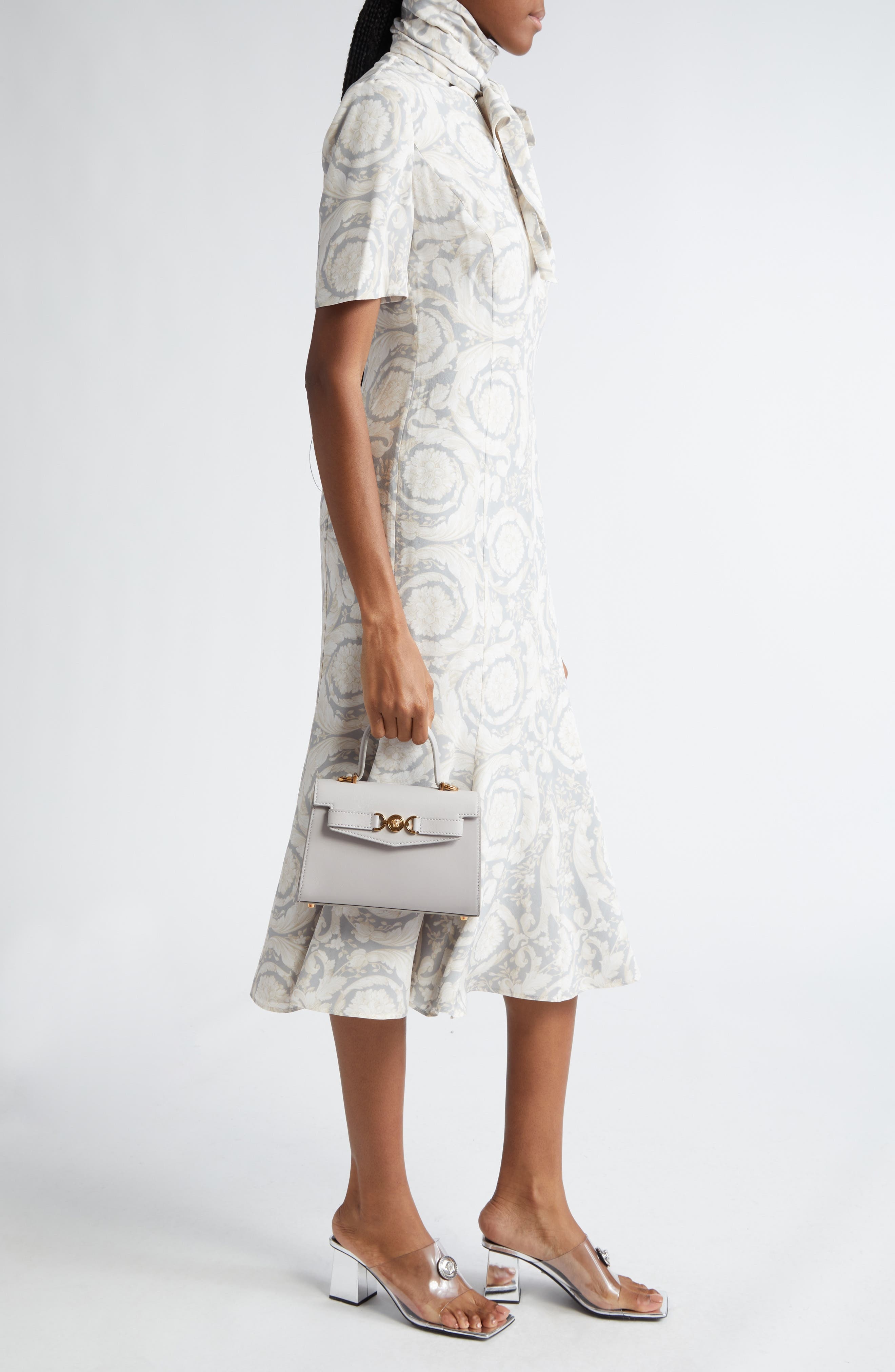 Medusa Leather Top Handle Bag in Pearl Grey-Gold - 3
