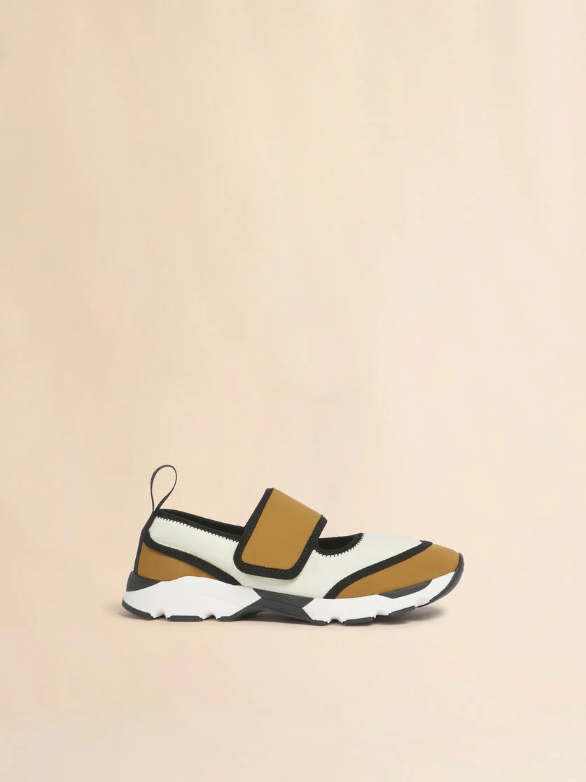 WHITE AND LIGHT BROWN LYCRA MARY JANE RUNNING SNEAKER - 1