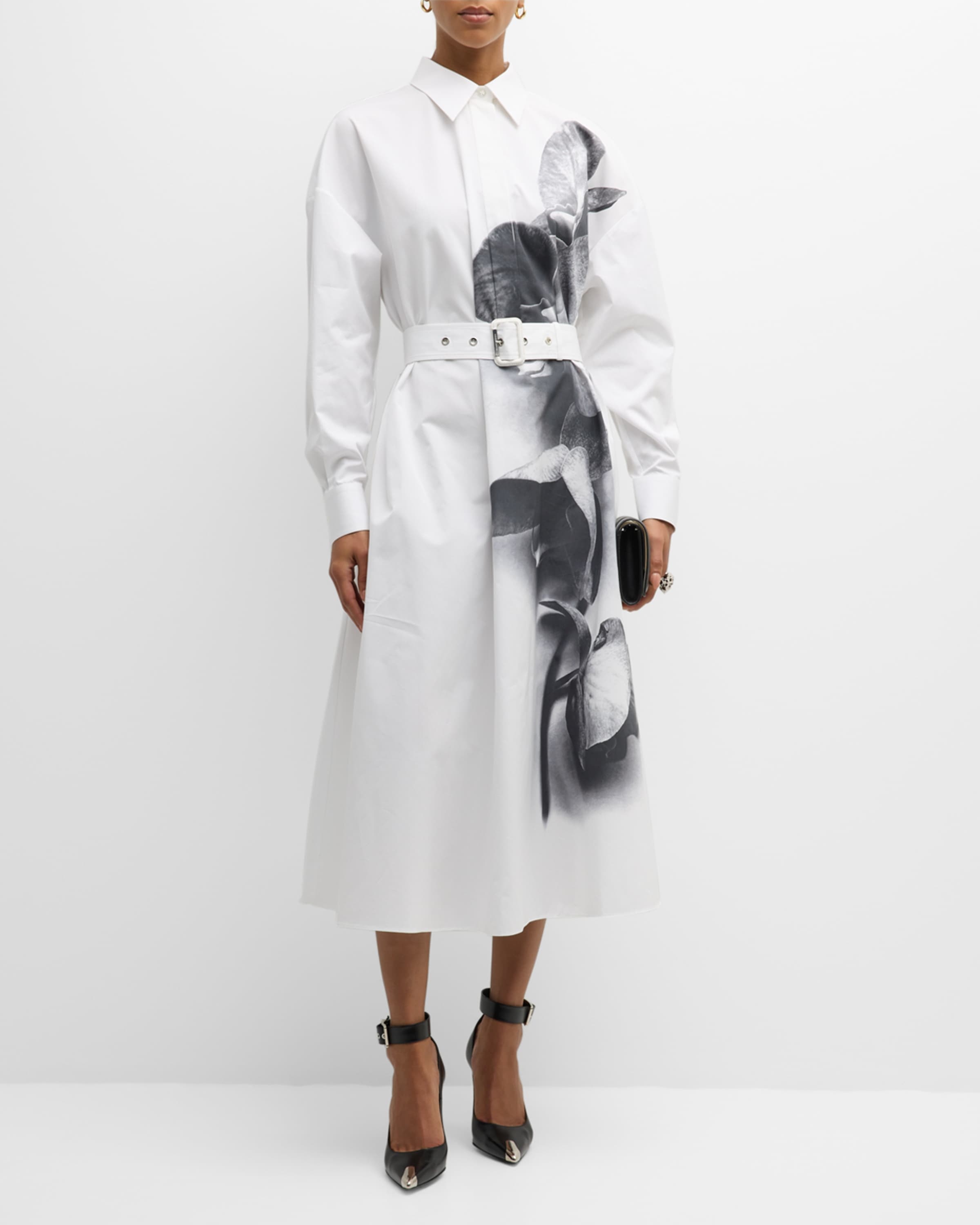 Alexander McQueen Orchid-Print Poplin Belted Midi Shirtdress