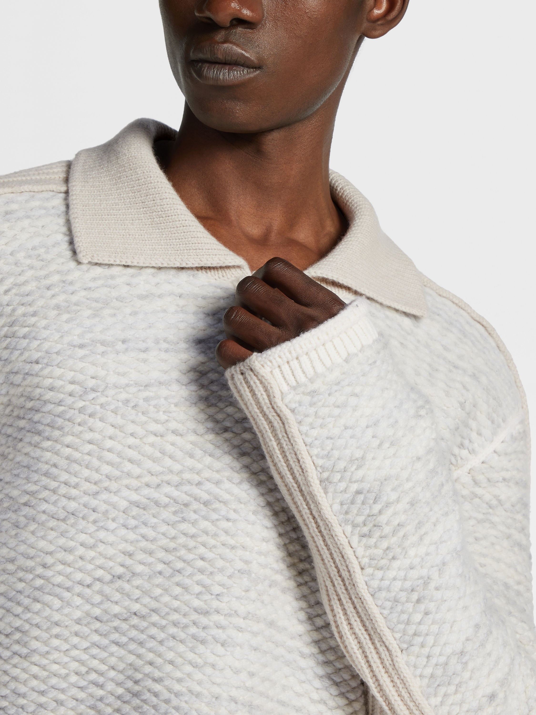 LIGHT GREY AND IVORY WOOL POLO SWEATER - 4