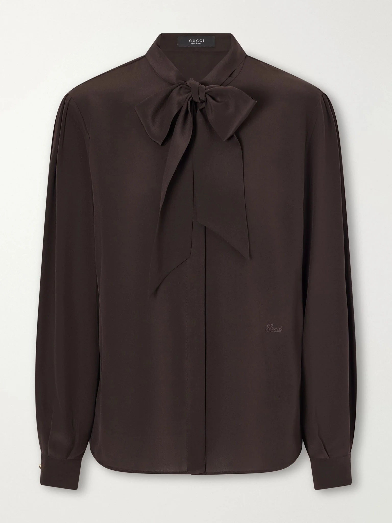 Pussy-bow silk-crepe shirt Chocolate - 1
