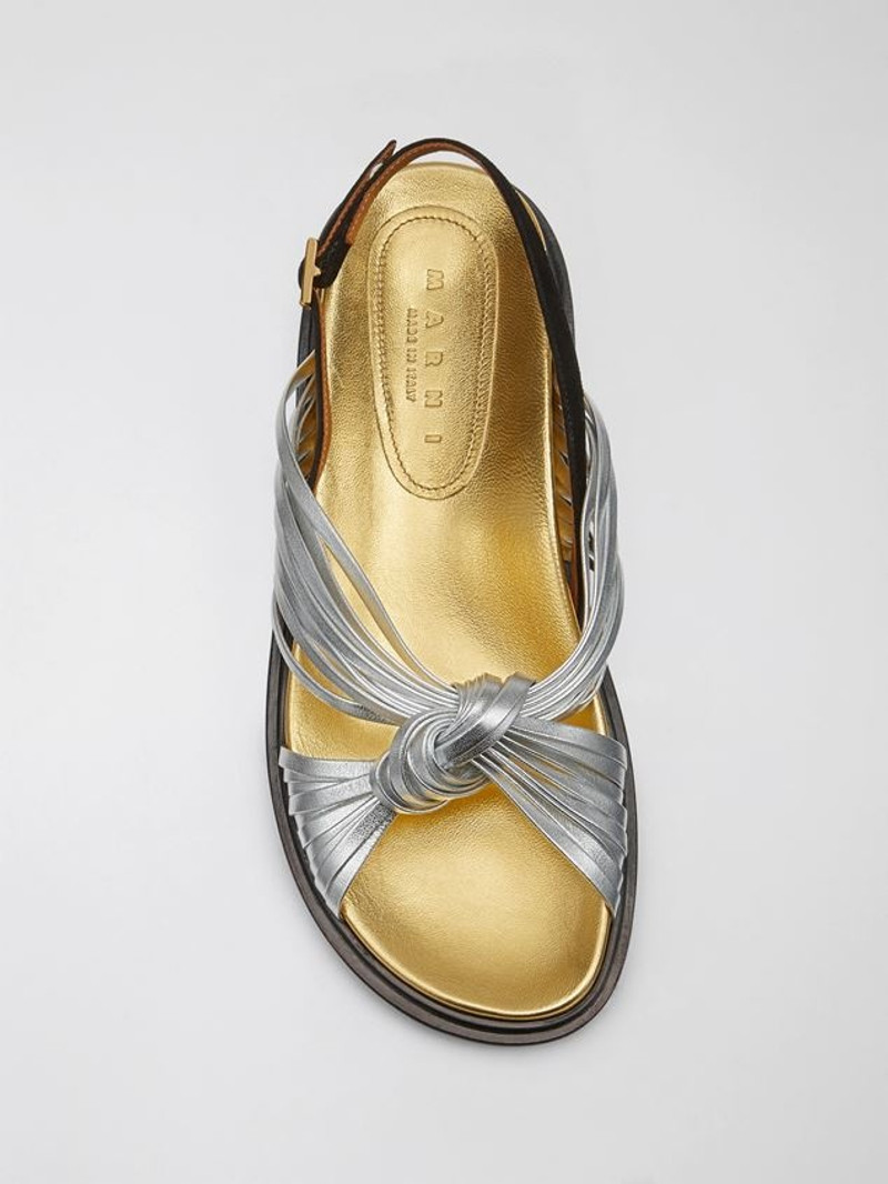 SILVER LAMINATED LEATHER FUSSBETT WTIH CRISS-CROSS STRAPS 4