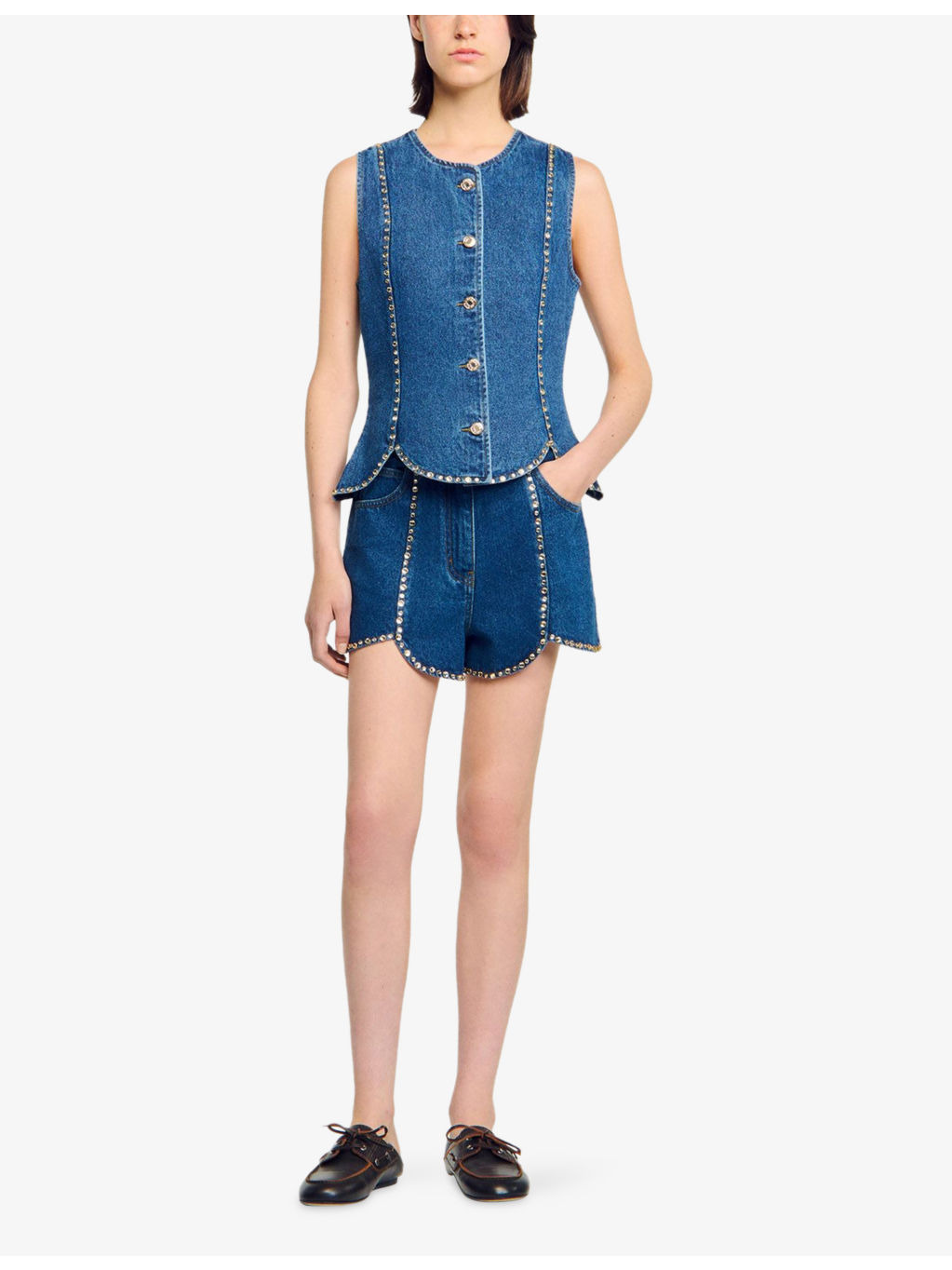 Rhinestone-Embellished Sleeveless Denim Top - 2