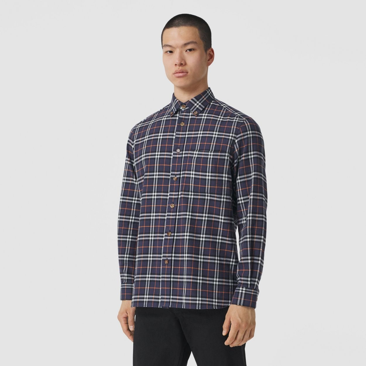 Button-down Collar Check Cotton Flannel Shirt - 5