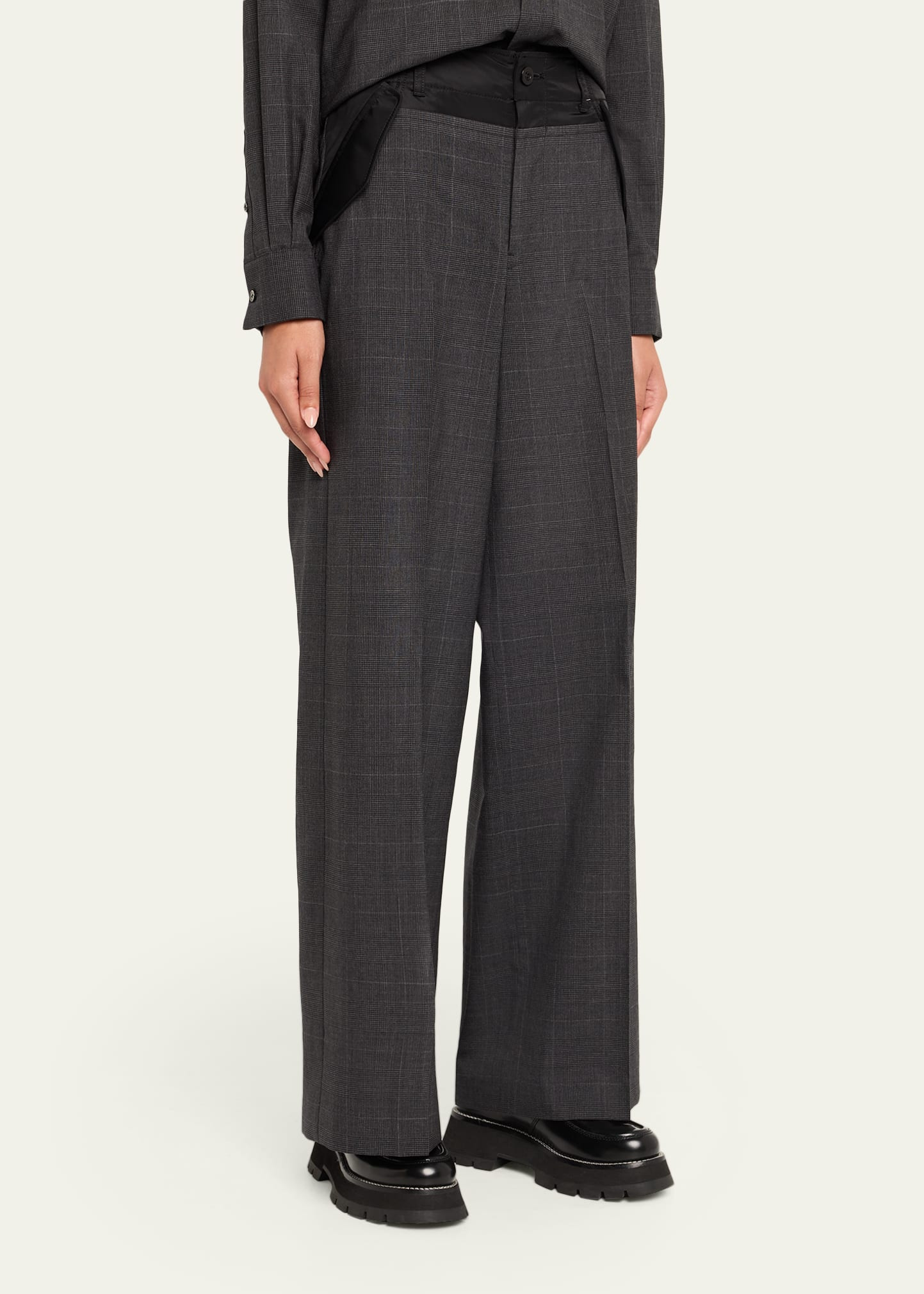 Nylon-Waistband Glen Check Wide-Leg Trousers - 4