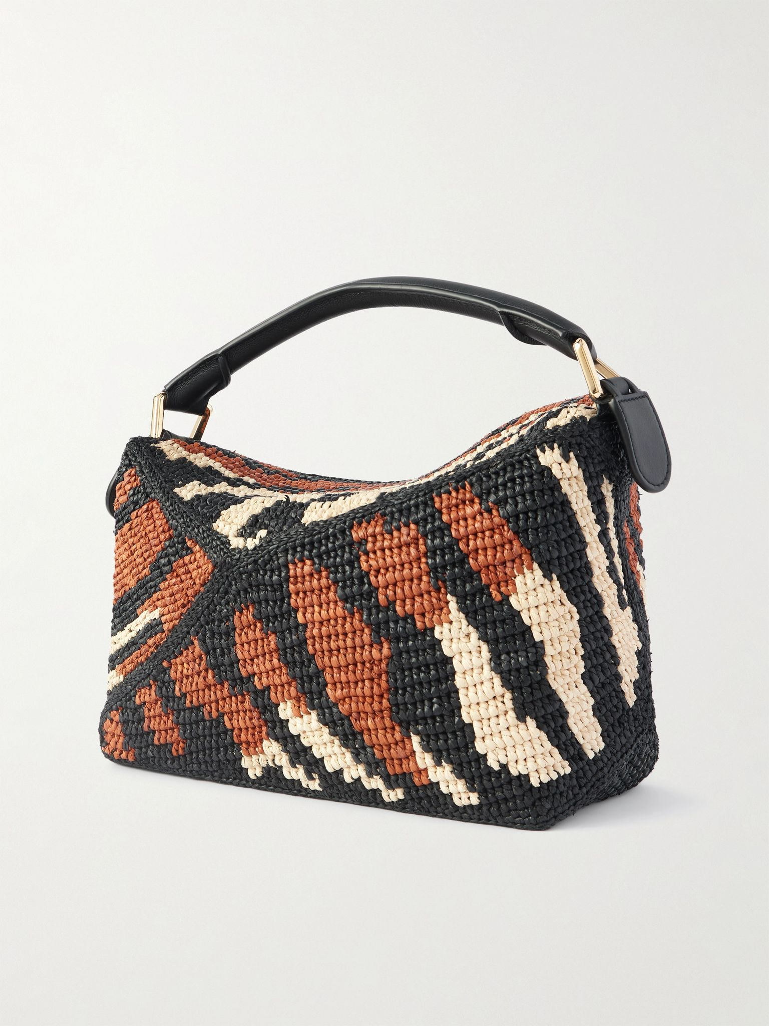+ Paula's Ibiza Puzzle Leather-Trimmed Tiger-Print Raffia Messenger Bag Black - 3