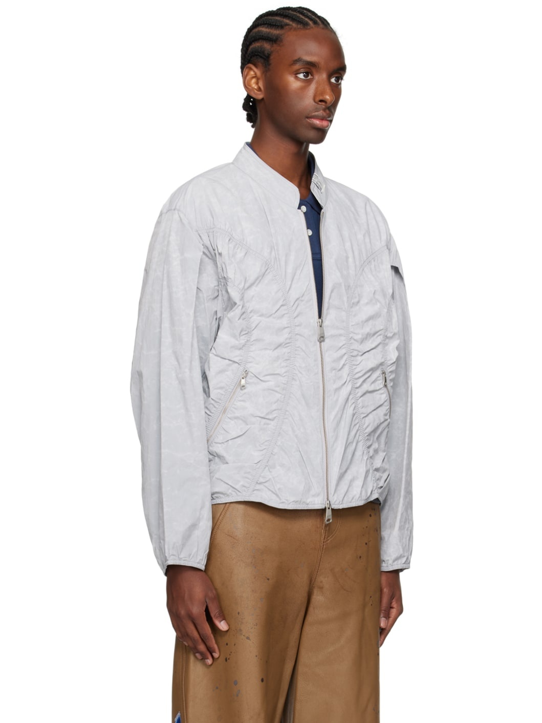 Gray Ruched Bomber Jacket - 2