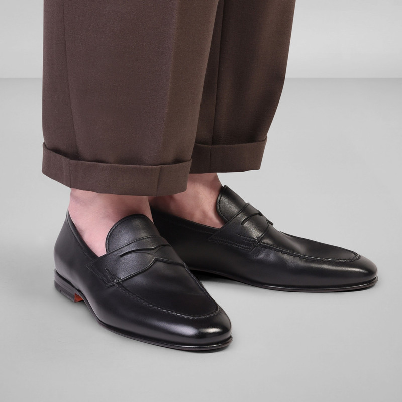 Santoni Men's polished black leather penny loafer outlook