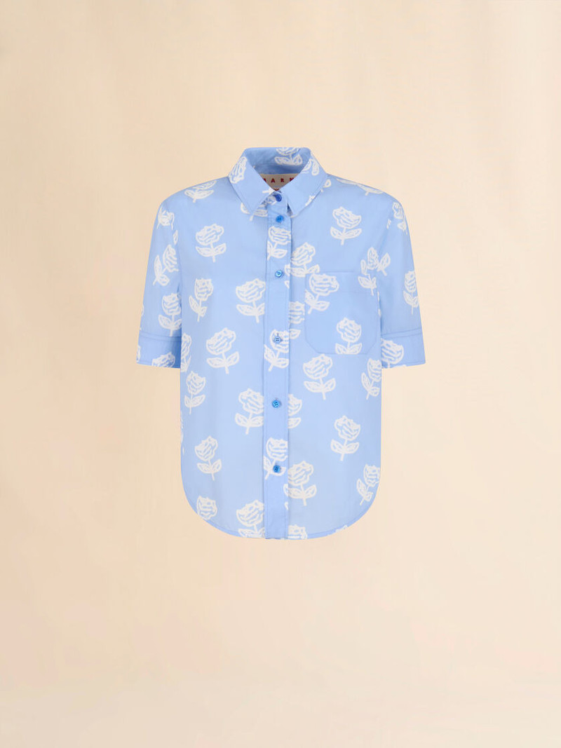 LIGHT BLUE POPLIN SHORT-SLEEVE SHIRT WITH SPRAYED ROSES PRINT 1