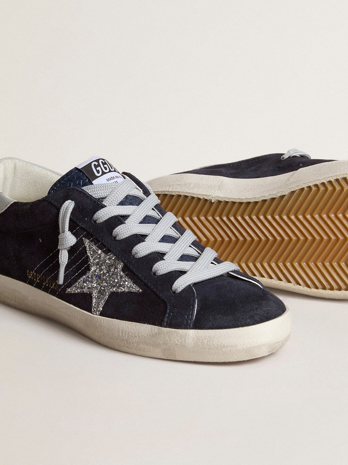 Golden Goose Super-Star in blue suede, silver glitter star