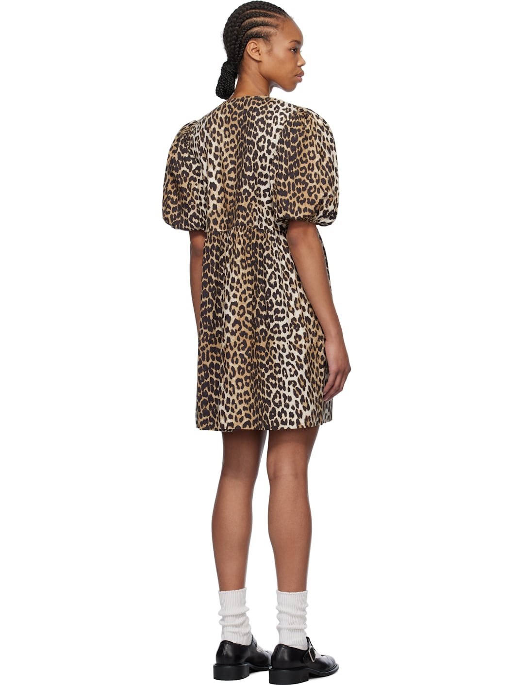 Brown Leopard Printed Cotton Tie String Minidress - 3