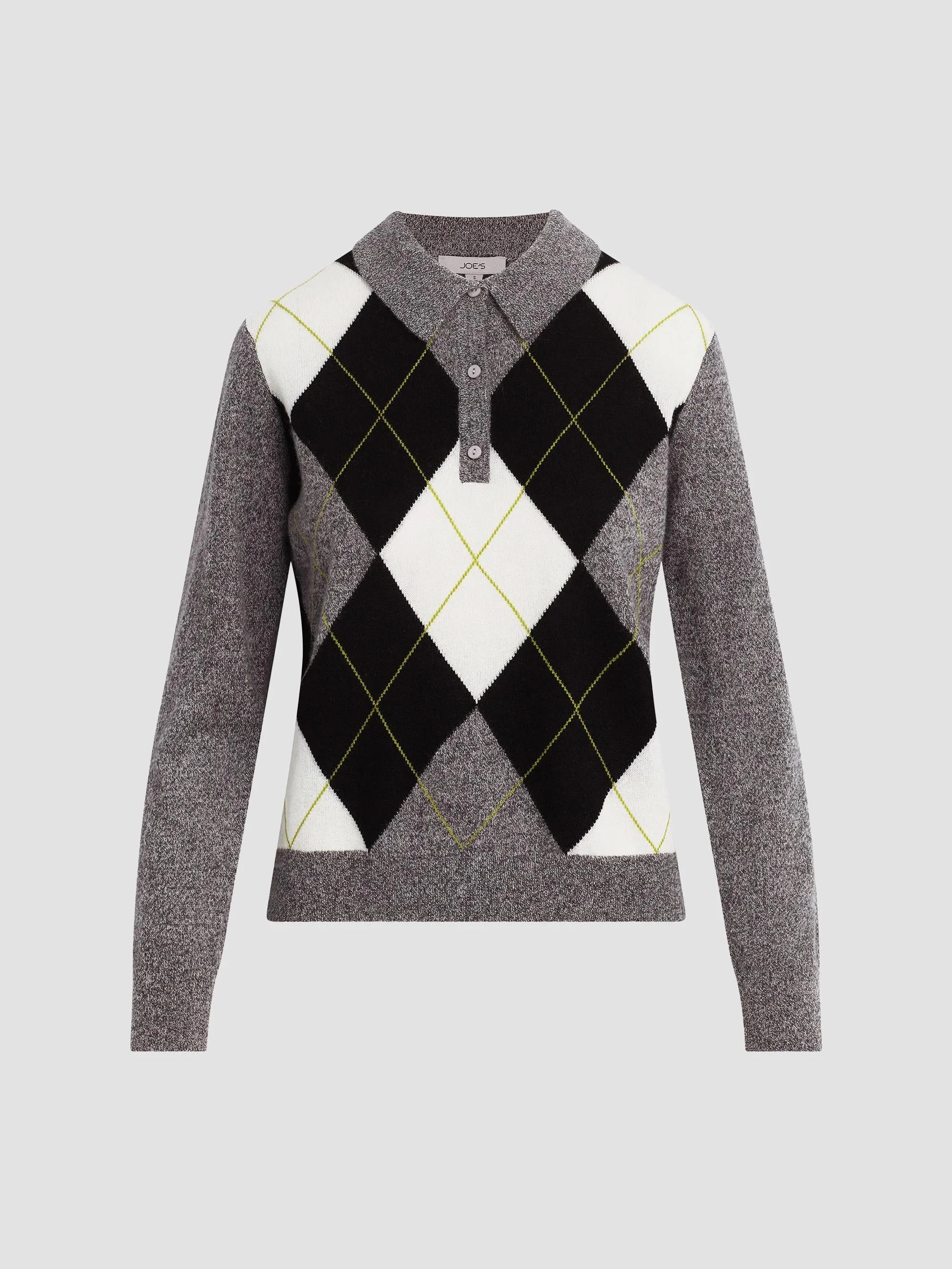 Women's Argyle Cashmere Polo Sweater - Charcoal Argyle - 1