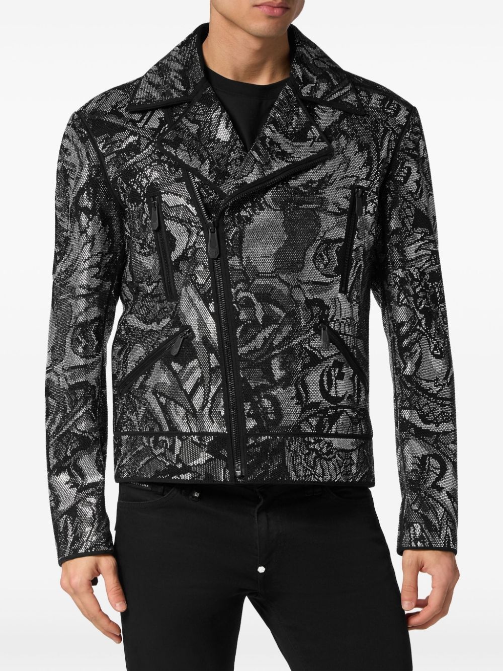 tattoo-print biker jacket - 3