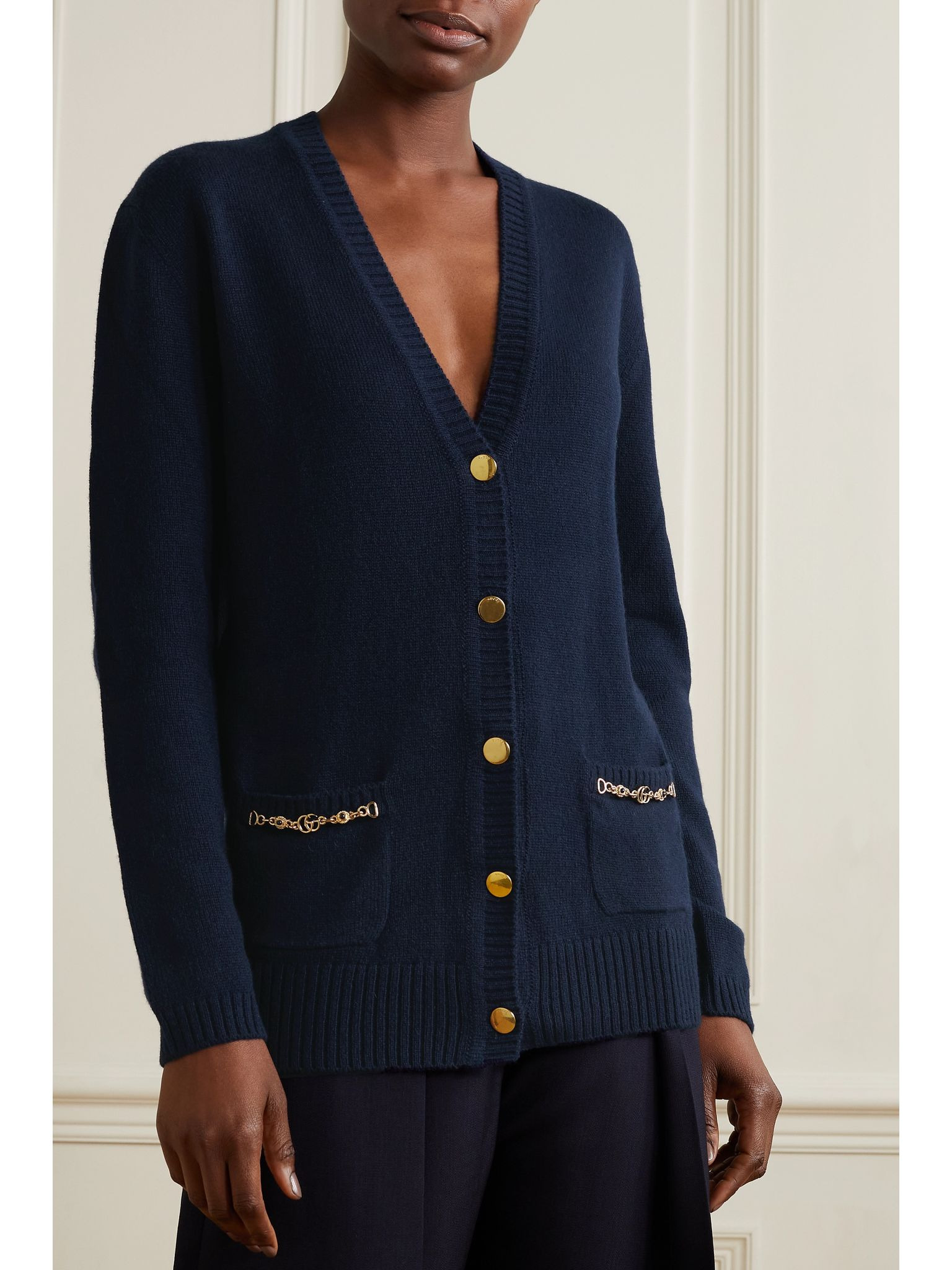 Horsebit-detailed cashmere cardigan Navy - 3