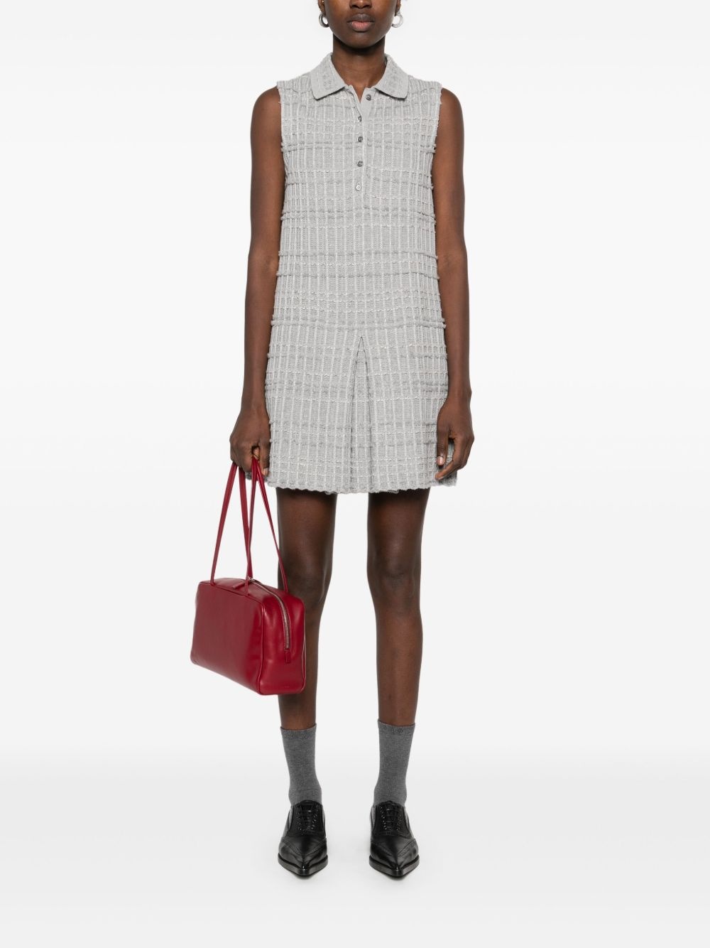 THOM BROWNE - Women Seersucker Knit Tweed Jacquard Sleeveless Polo Mini Dress - 1