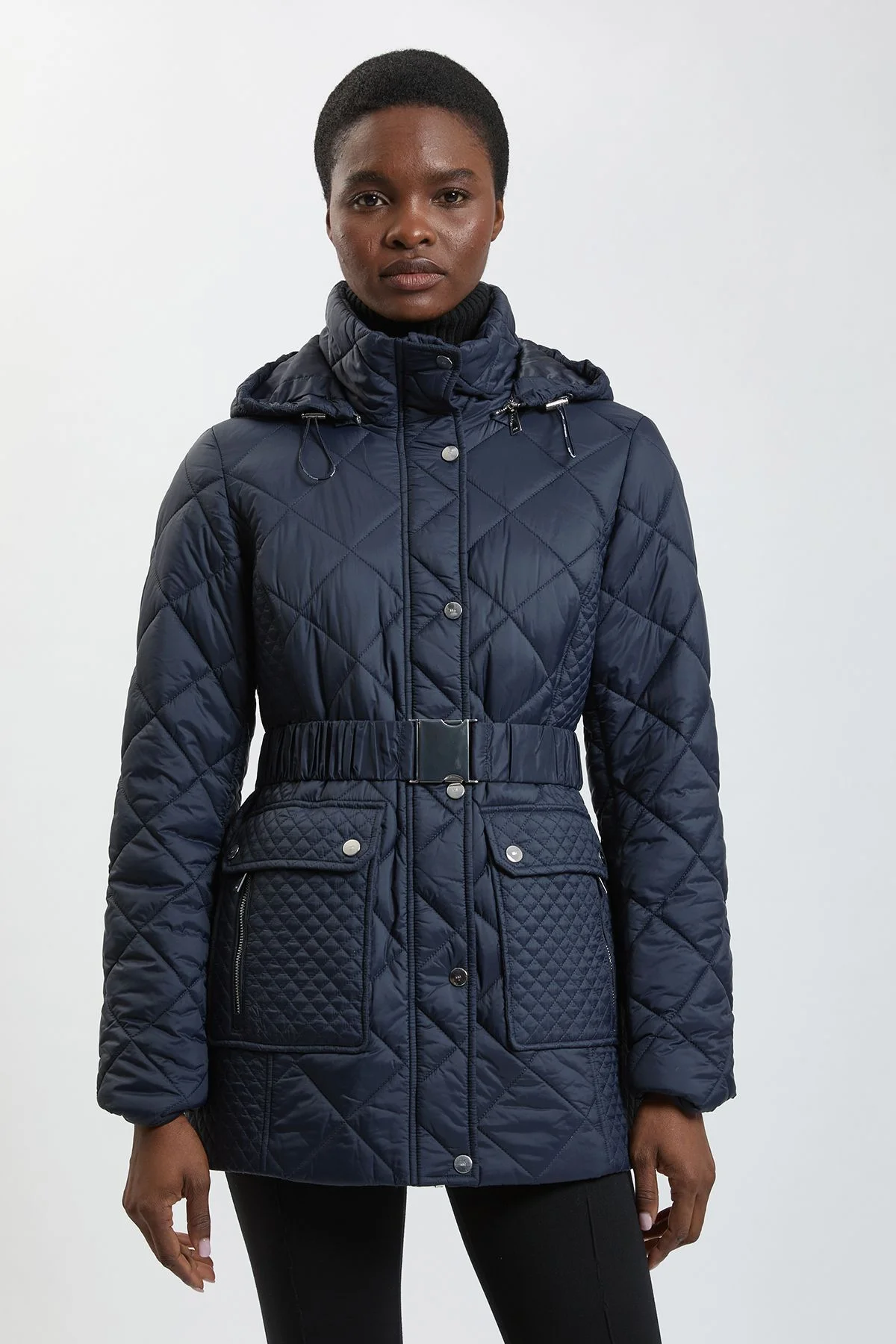 Diamond Quilted Belted Short Padded Coat - 1