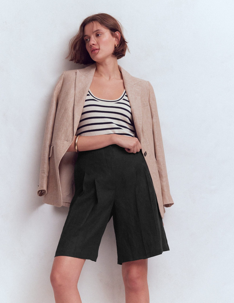 BODEN Highbury Pleated Linen Shorts-Black outlook