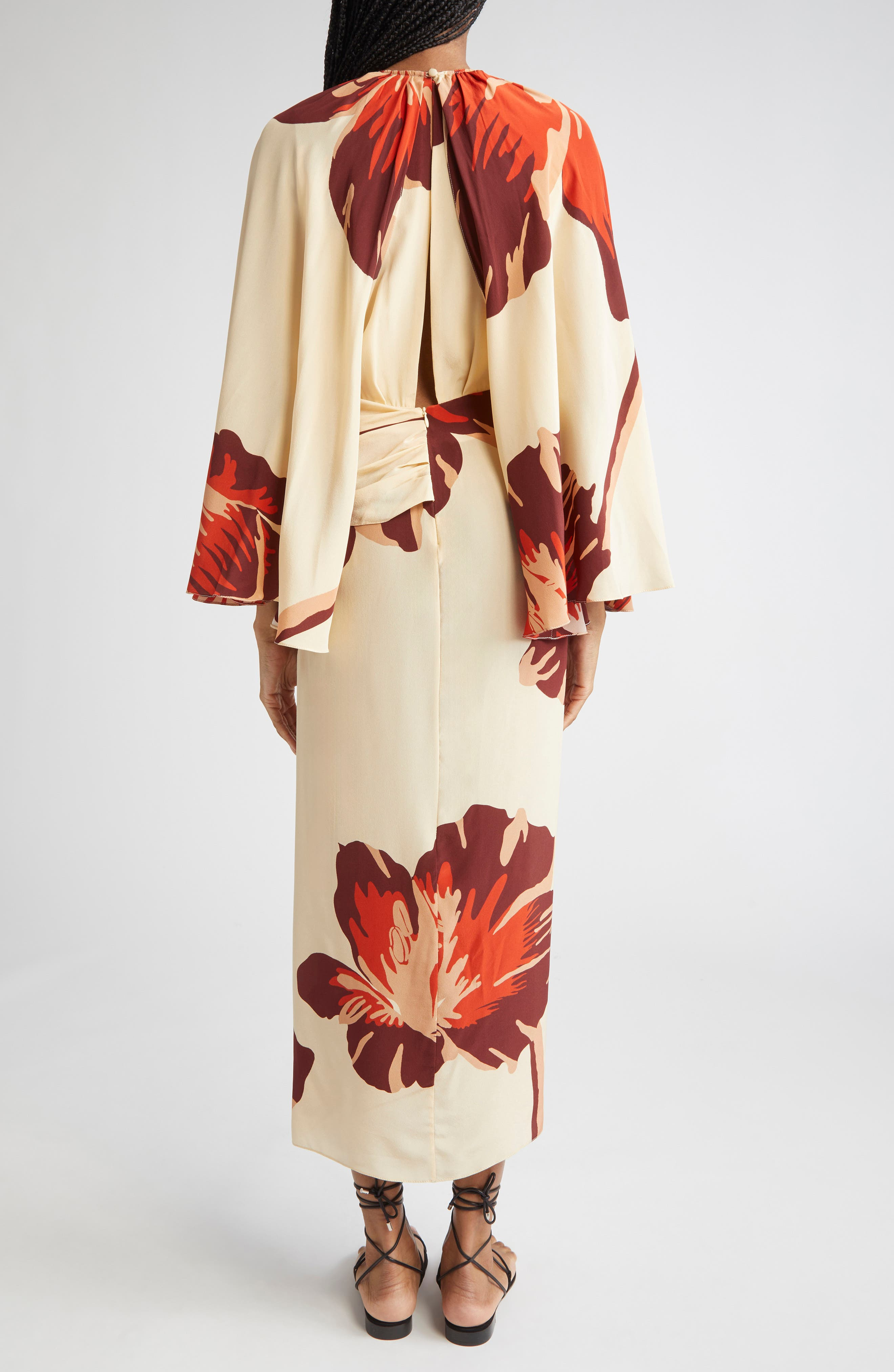 Johanna Ortiz Odyssey Floral Print Dress with Removable Cape in Ecru /Wine /Red /Pink at Nordstrom - 2