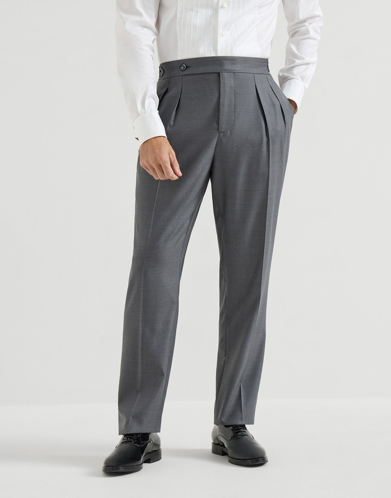 Virgin wool and silk lightweight twill tuxedo trousers with double pleats and waist tabs 2