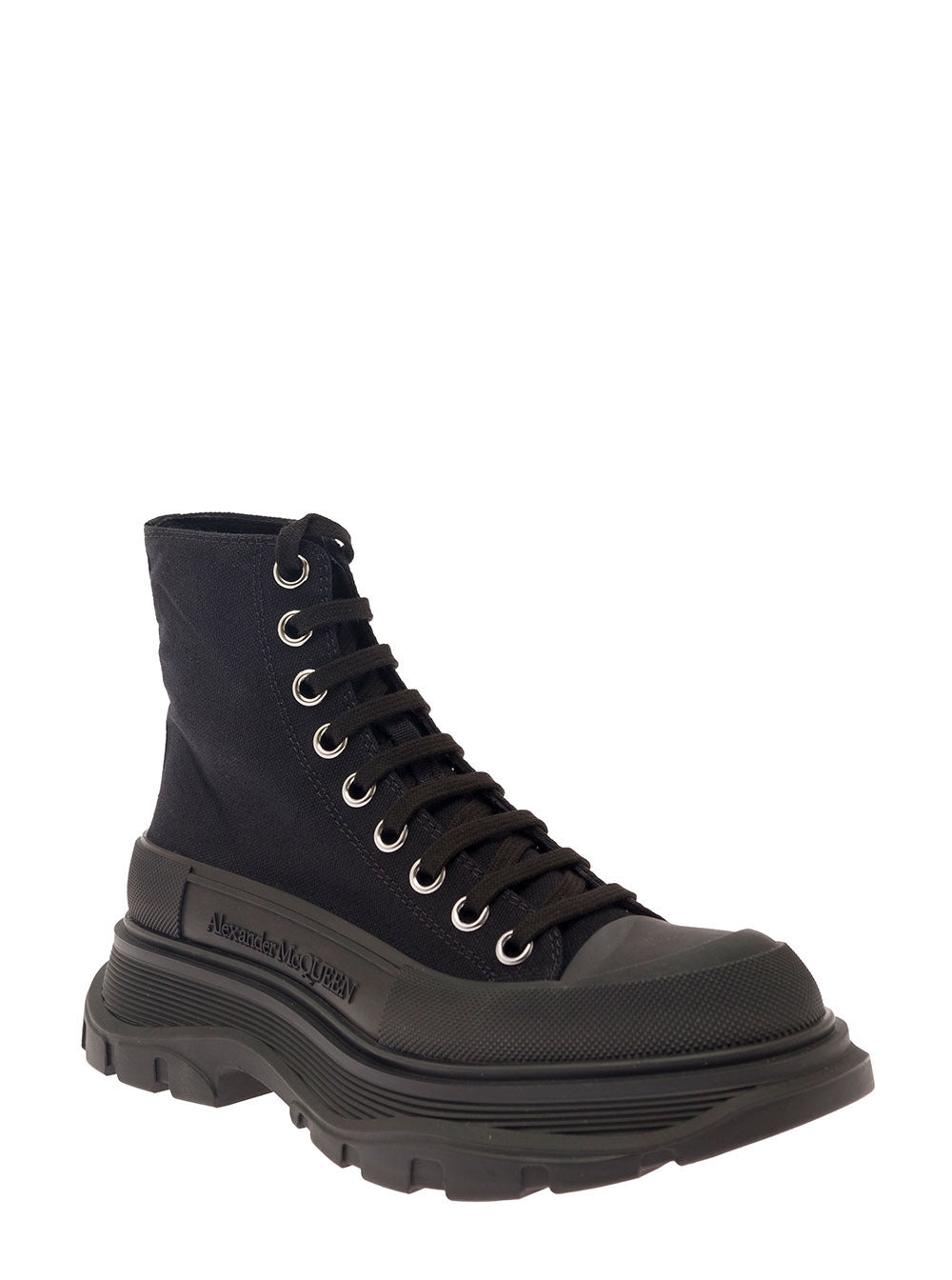 Alexander Mcqueen Women 'Tread Slick' Black High Top Sneakers With Oversized Platform In Cotton Woma - 2