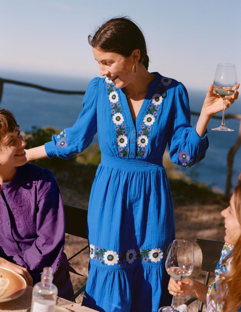 Elena Double Cloth Midi Dress-Blue Embroidery 3