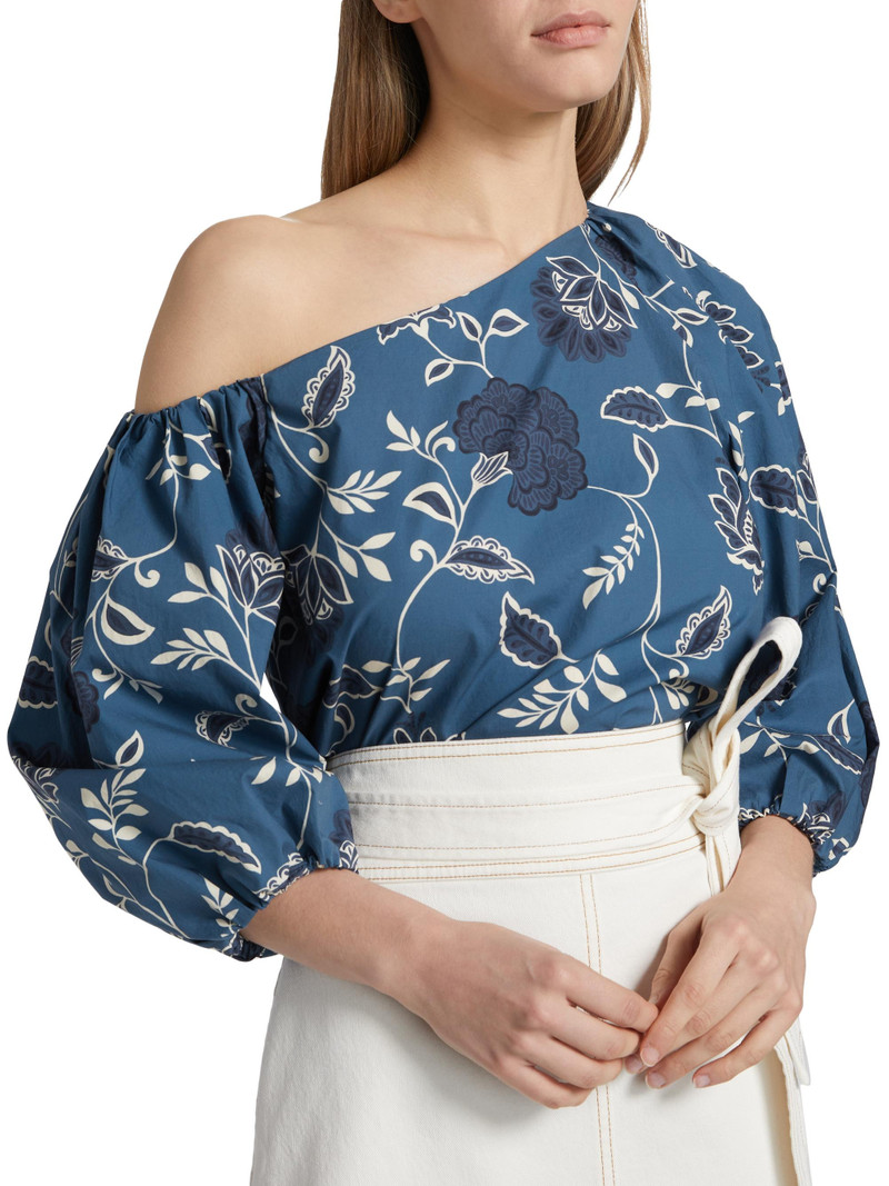 Women's Tabitha Floral Cotton Off-The-Shoulder Top - French Blue Cream 6