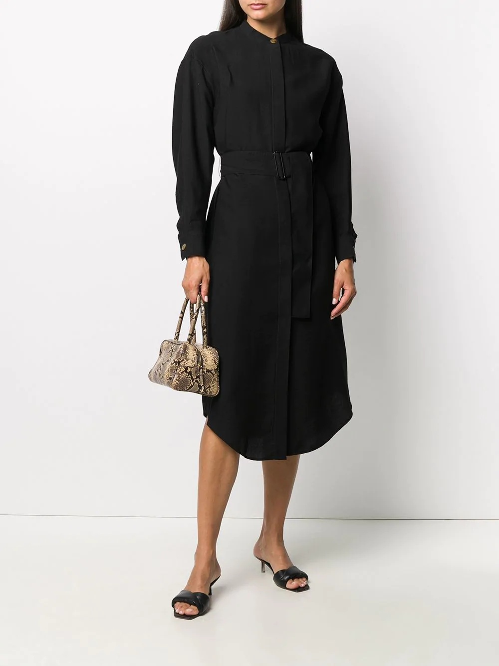 belted long sleeve midi shirt dress - 2